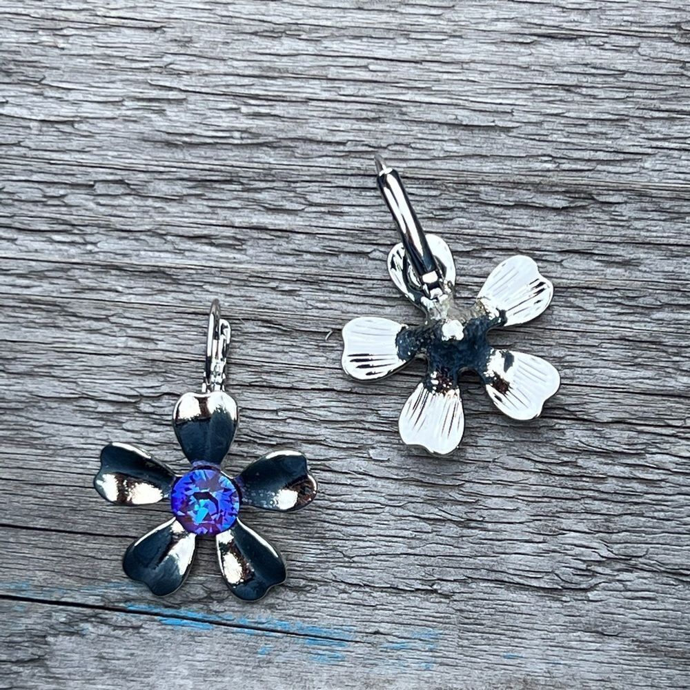 Handcrafted earrings with blue aurora crystal and silver.
