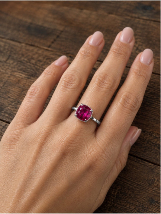 Adjustable Dark Rose Crystal Statement Ring Silver Tone Sparkly Cushion Cut