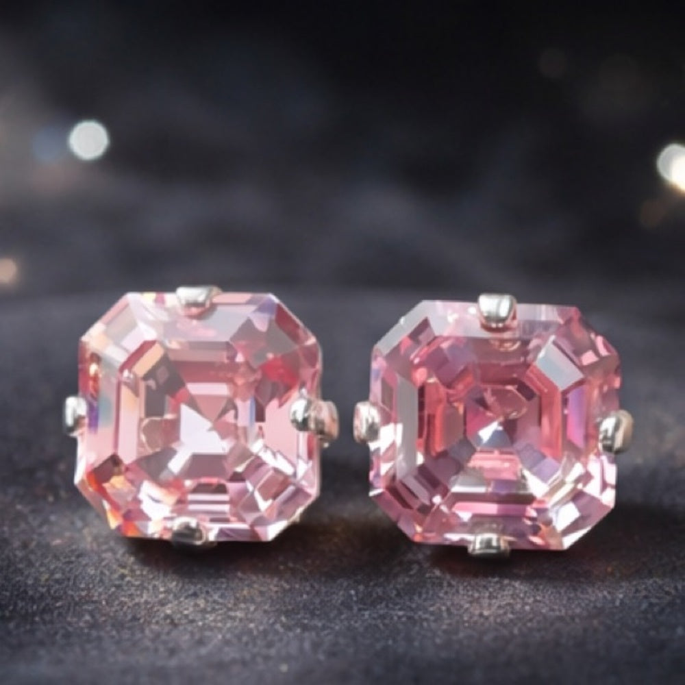 Pink Crystal Stud Earrings | Sparkly imperial Cut | Silver Tone