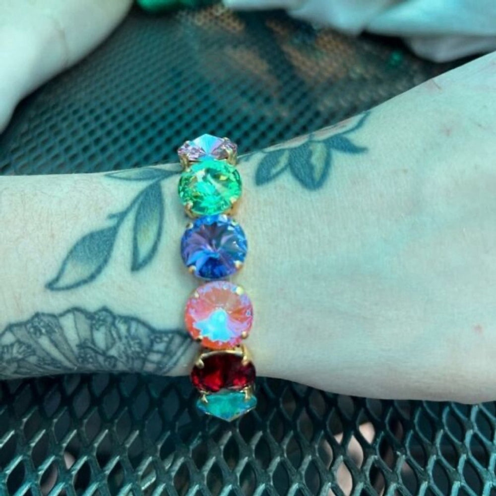 Handcrafted Rainbow Cup Chain Bracelet Swarovski Rivoli Crystal Multicolor W NWT
