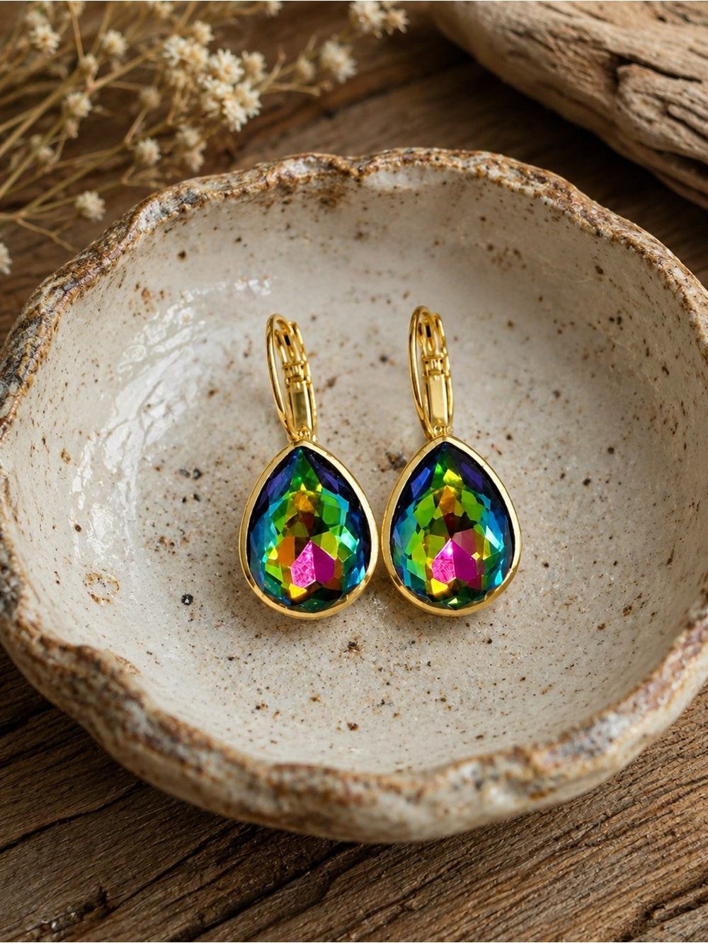 Handcrafted earrings with clear sparkly teardrop Swarovski crystal