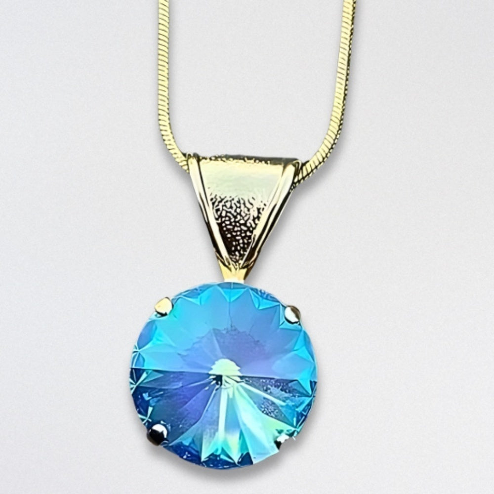 Handcrafted Swarovski Necklace Crystal Pendant Gold-Tone Chain Blue Women's NWT