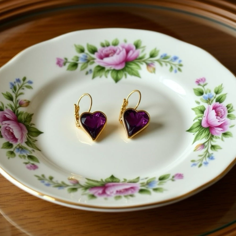 Amethyst Crystal Heart Earrings made with gold tone leverbacks