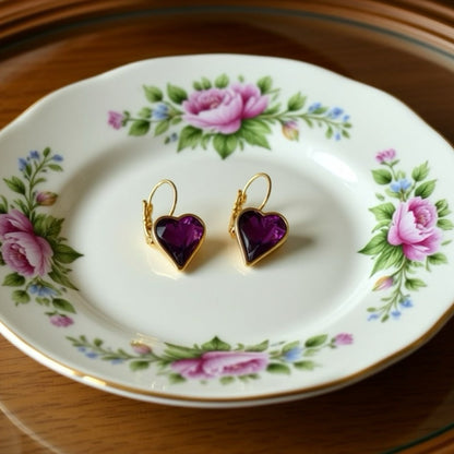 Amethyst Crystal Heart Earrings made with gold tone leverbacks