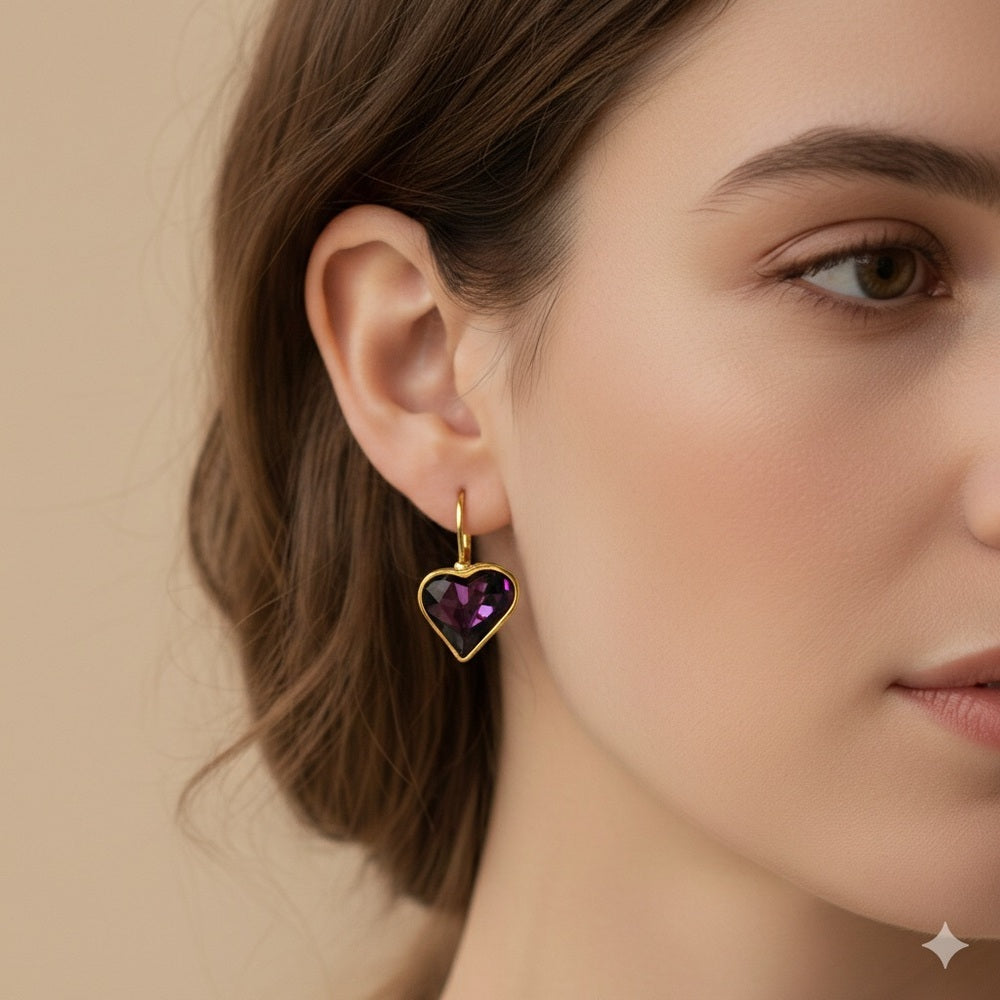 Amethyst Swarovski Crystal Heart Earrings made with gold tone leverbacks