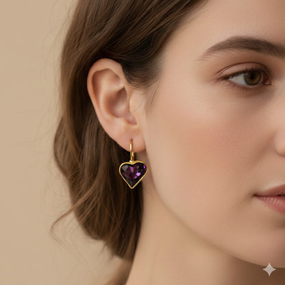 Amethyst Swarovski Crystal Heart Earrings made with gold tone leverbacks
