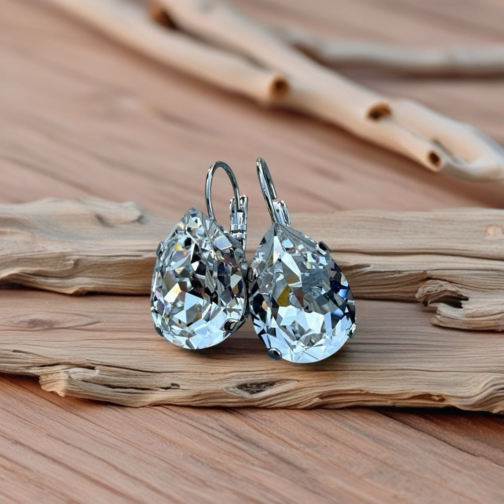 Handcrafted earrings with clear sparkly teardrop Swarovski crystal