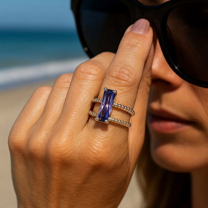 Handcrafted sparkly ring with Austrian tanzanite purple crystal adjustable