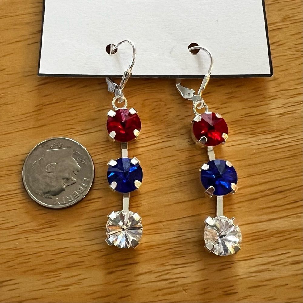 Handcrafted red white and blue cupchain silver earrings with Swarovski crystal