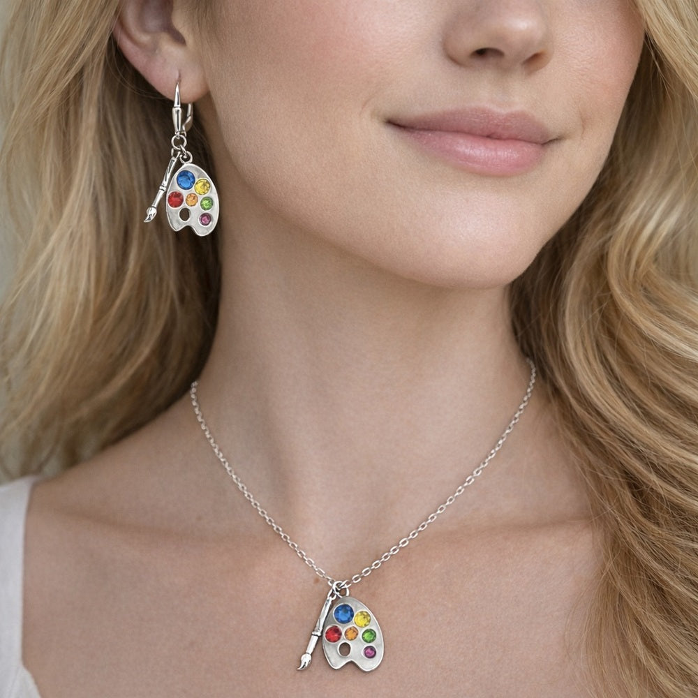 Artist palette necklace and earrings set with colorful crystals
