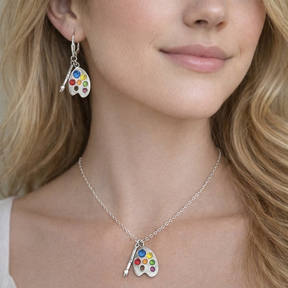 Artist palette necklace and earrings set with colorful crystals