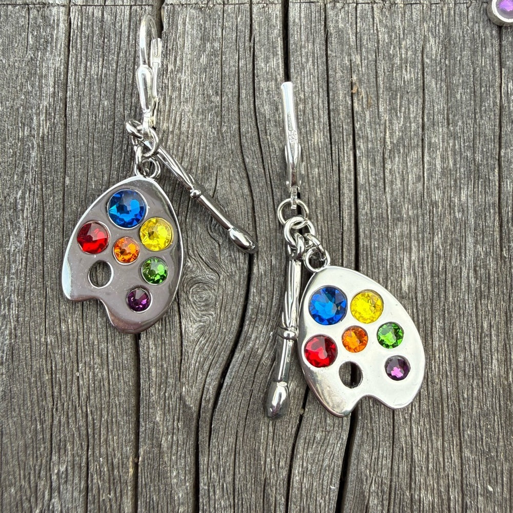 Artist palette necklace and earrings set with colorful crystals