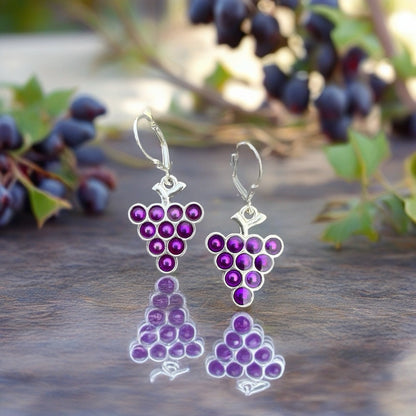 Purple Crystal Grape Cluster Earrings – Silver Tone Dangle