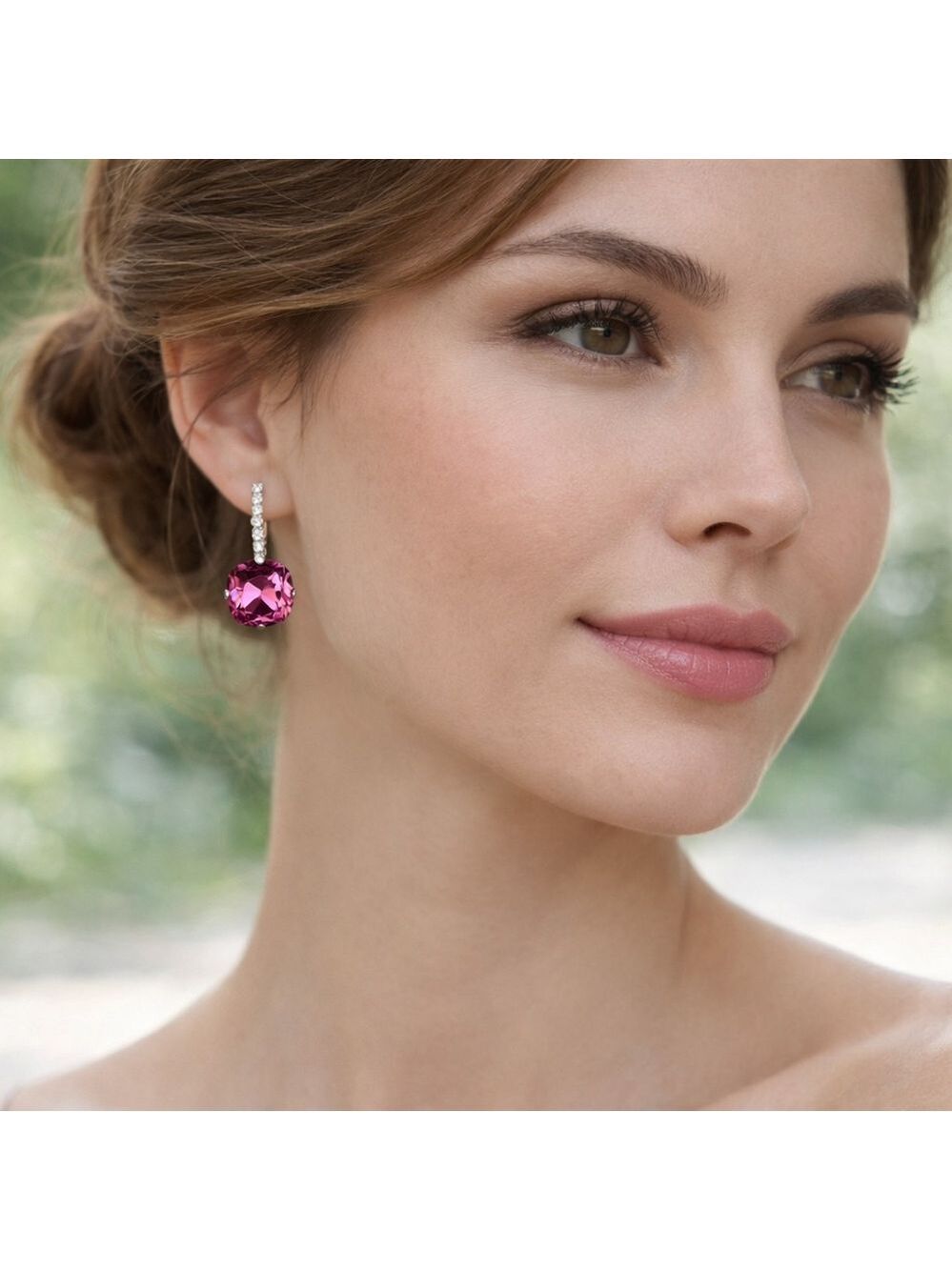 Cushion Cut dark Rose Pink Crystal Drop Earrings