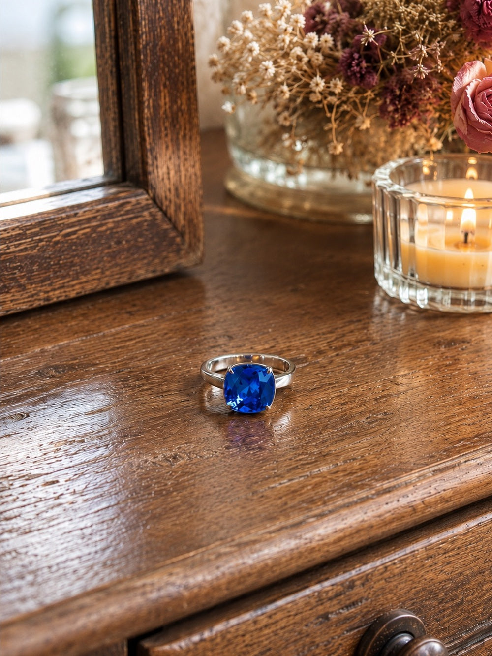 Adjustable blue sapphire Statement Ring Silver Tone Sparkly Cushion Cut