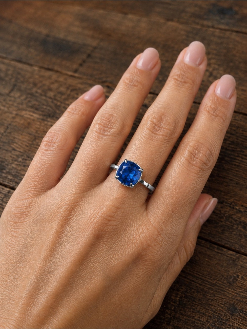 Adjustable blue sapphire Statement Ring Silver Tone Sparkly Cushion Cut