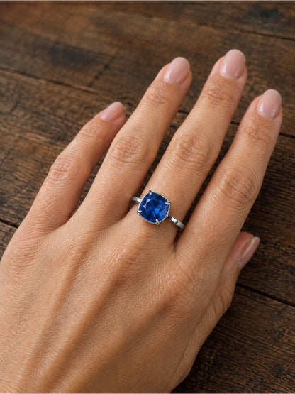 Adjustable blue sapphire Statement Ring Silver Tone Sparkly Cushion Cut