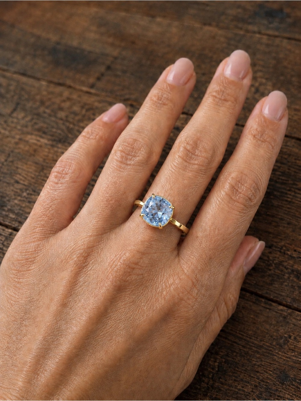 Adjustable light blue sapphire Statement Ring Silver Tone Sparkly Cushion Cut