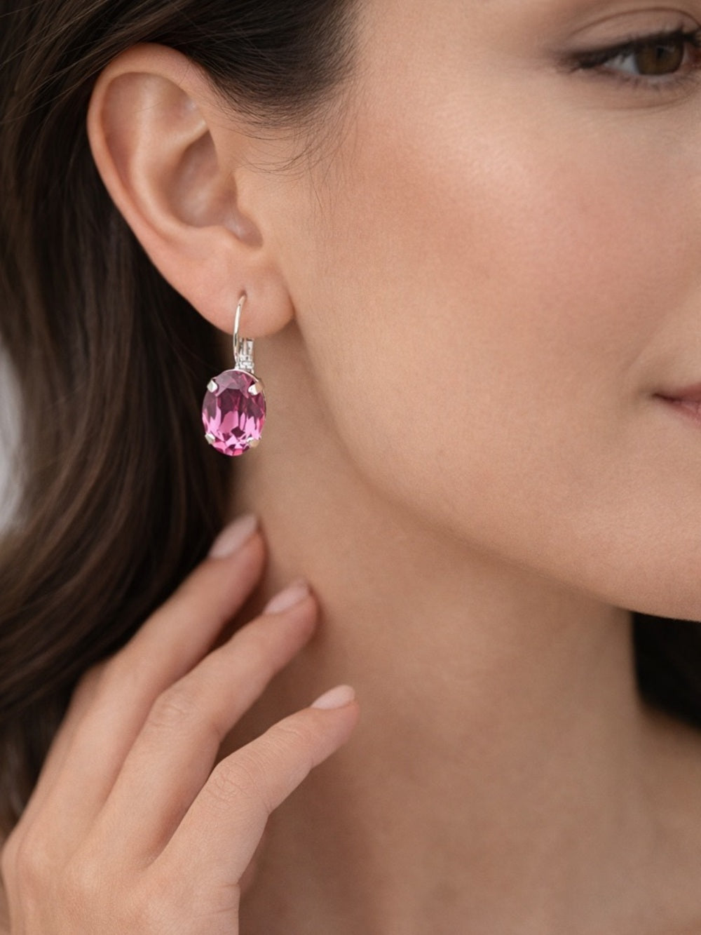 Oval Cut dark Rose Pink Crystal Drop Earrings