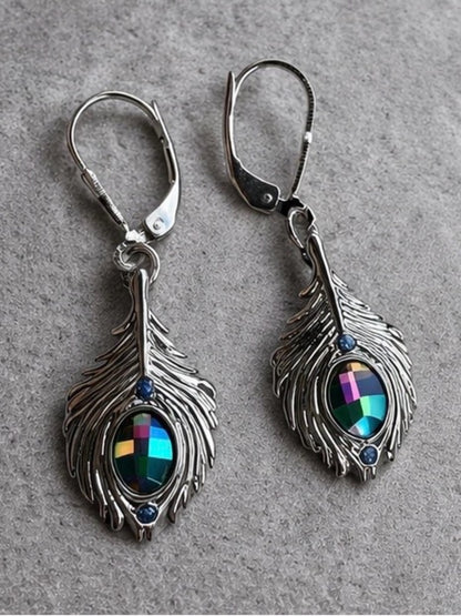 Silver Peacock Feather Earrings with Iridescent Crystal • Leverback
