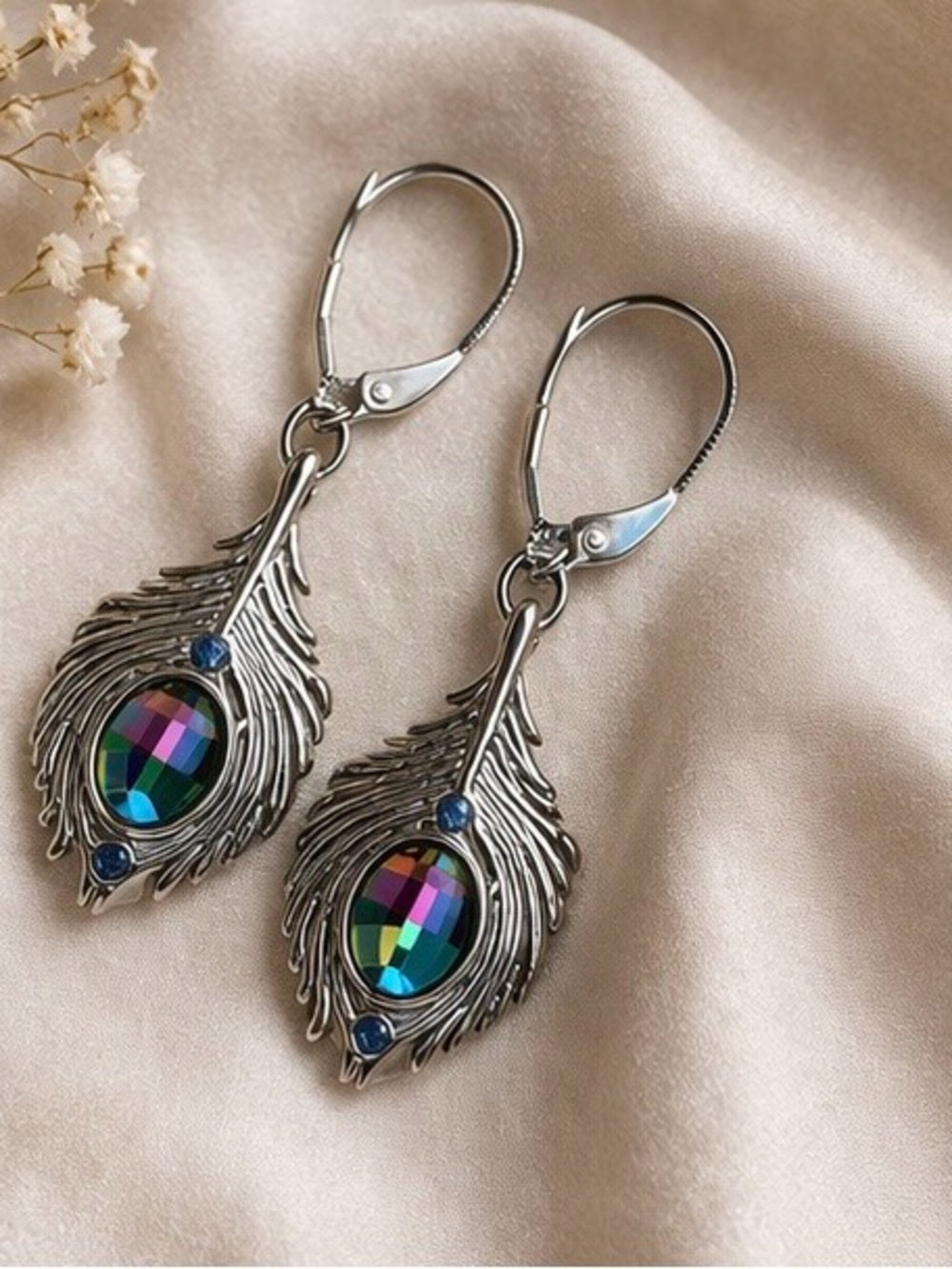 Silver Peacock Feather Earrings with Iridescent Crystal • Leverback