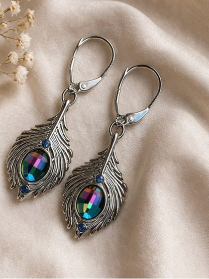 Silver Peacock Feather Earrings with Iridescent Crystal • Leverback
