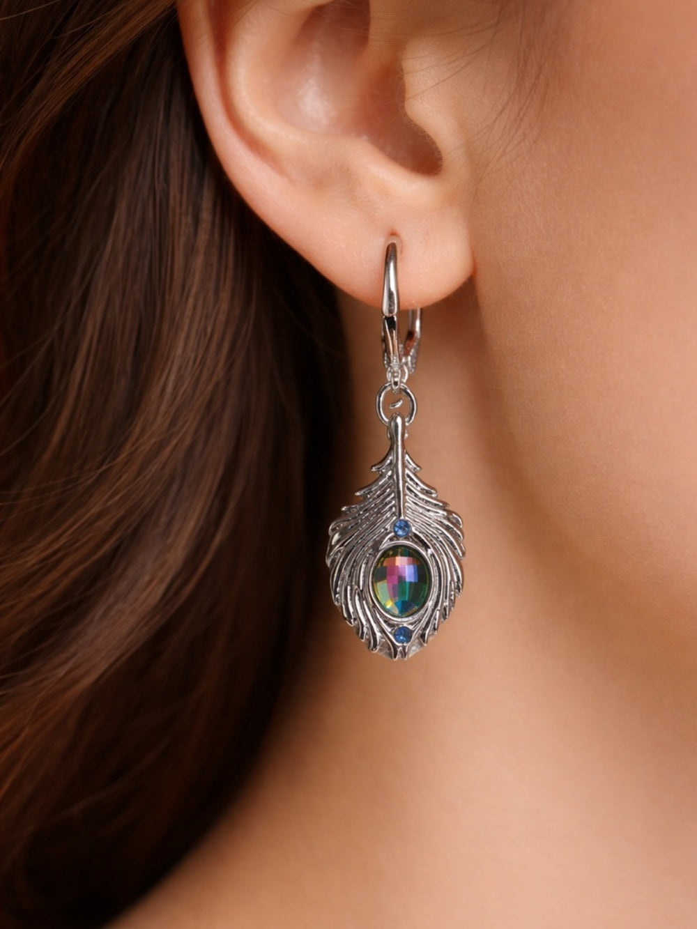 Silver Peacock Feather Earrings with Iridescent Crystal • Leverback