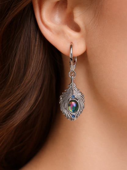 Silver Peacock Feather Earrings with Iridescent Crystal • Leverback