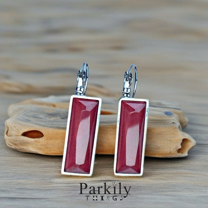 Handcrafted earrings with Austrian deep red coral color baguette crystal