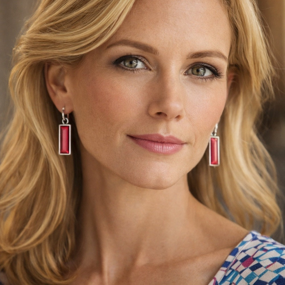 Handcrafted earrings with Austrian deep red coral color baguette crystal