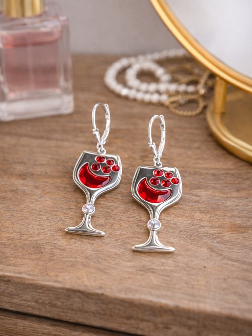 Handcrafted wine glass earrings with sparkly bright red crystal