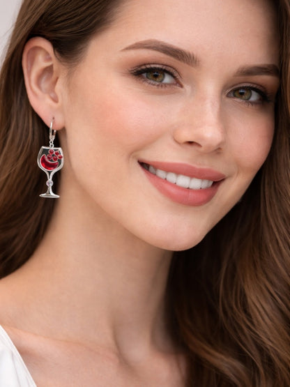 Handcrafted wine glass earrings with sparkly bright red crystal