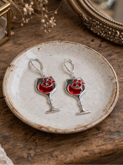 Handcrafted wine glass earrings with sparkly bright red crystal