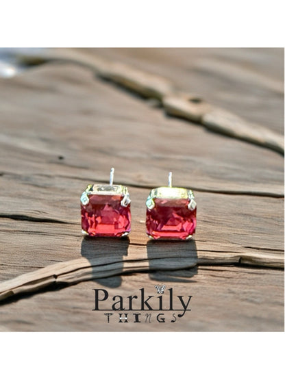 Reddish Pink Crystal Stud Earrings | Sparkly Cushion Cut | Silver Tone