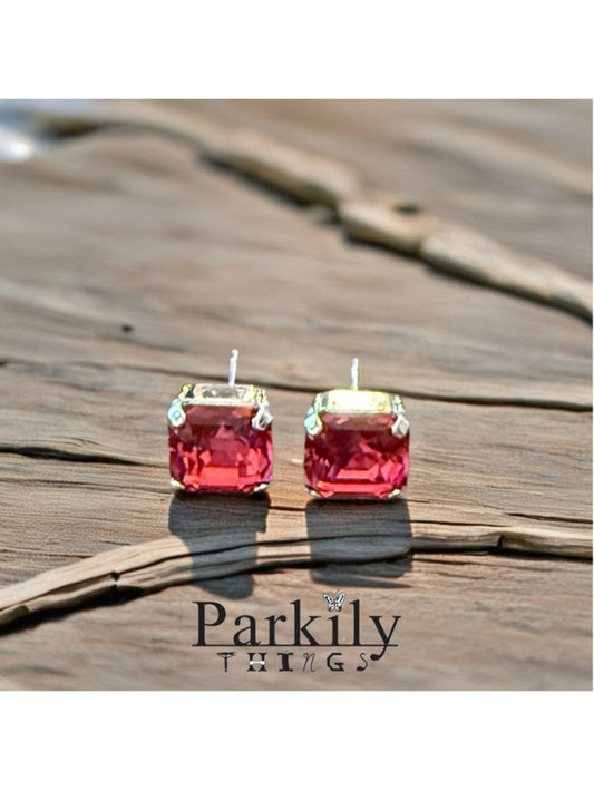 Reddish Pink Crystal Stud Earrings | Sparkly Cushion Cut | Silver Tone