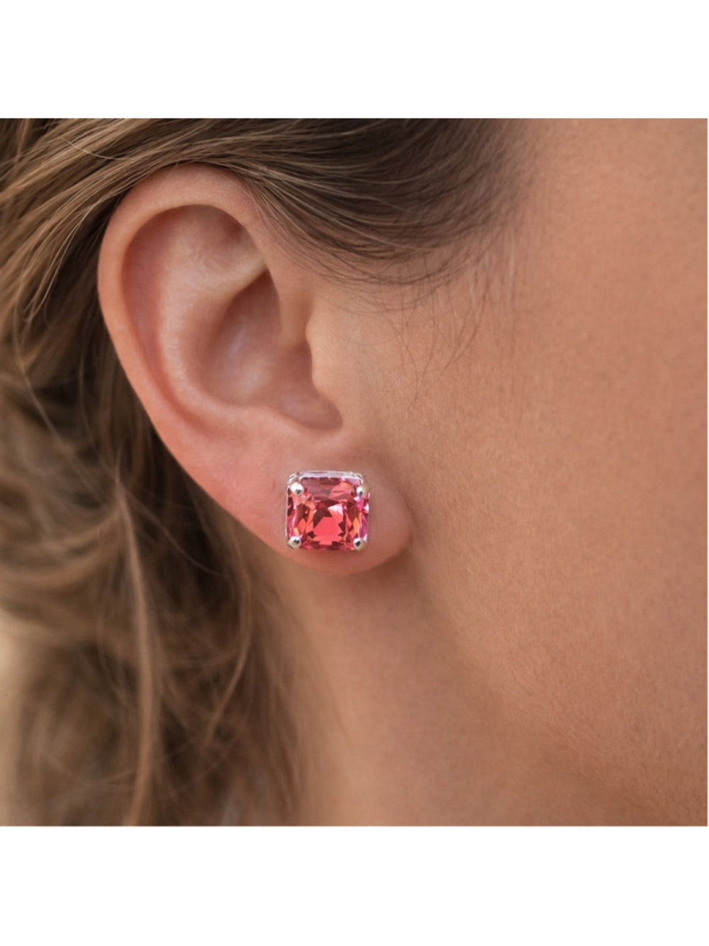 Reddish Pink Crystal Stud Earrings | Sparkly Cushion Cut | Silver Tone