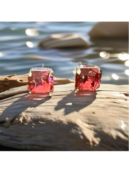 Reddish Pink Crystal Stud Earrings | Sparkly Cushion Cut | Silver Tone