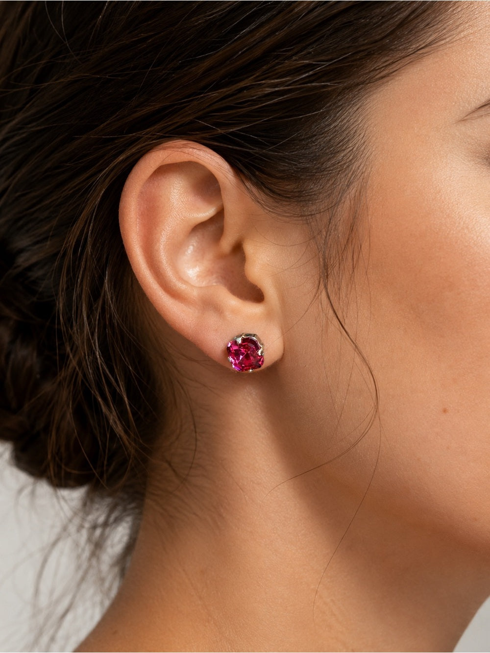 Reddish Pink Crystal Stud Earrings | Sparkly Cushion Cut | Gold Tone