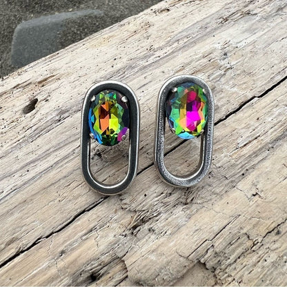 Handcrafted post antique silver earrings with medium vitrail crystal