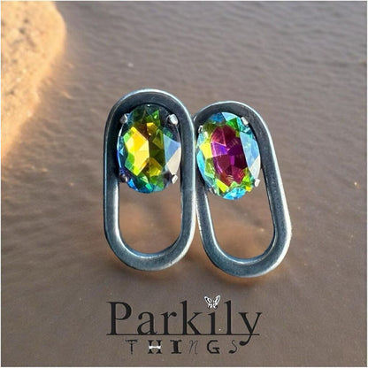 Handcrafted post antique silver earrings with medium vitrail crystal