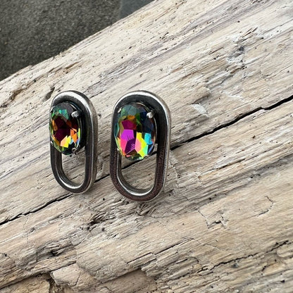 Handcrafted post antique silver earrings with medium vitrail crystal