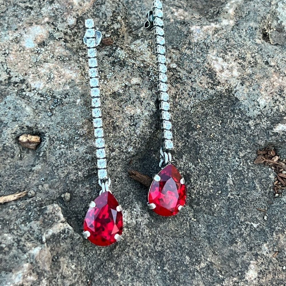 Handcrafted post earrings with red and clear Swarovski crystal