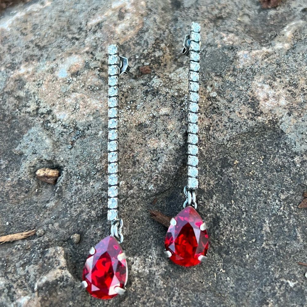 Handcrafted post earrings with red and clear Swarovski crystal