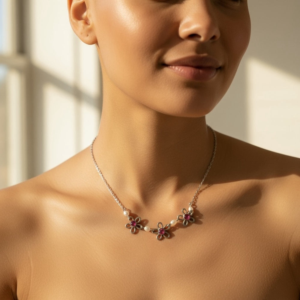 Silver Pink Crystal Flower Pearl Necklace
