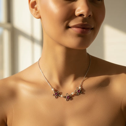 Silver Pink Crystal Flower Pearl Necklace