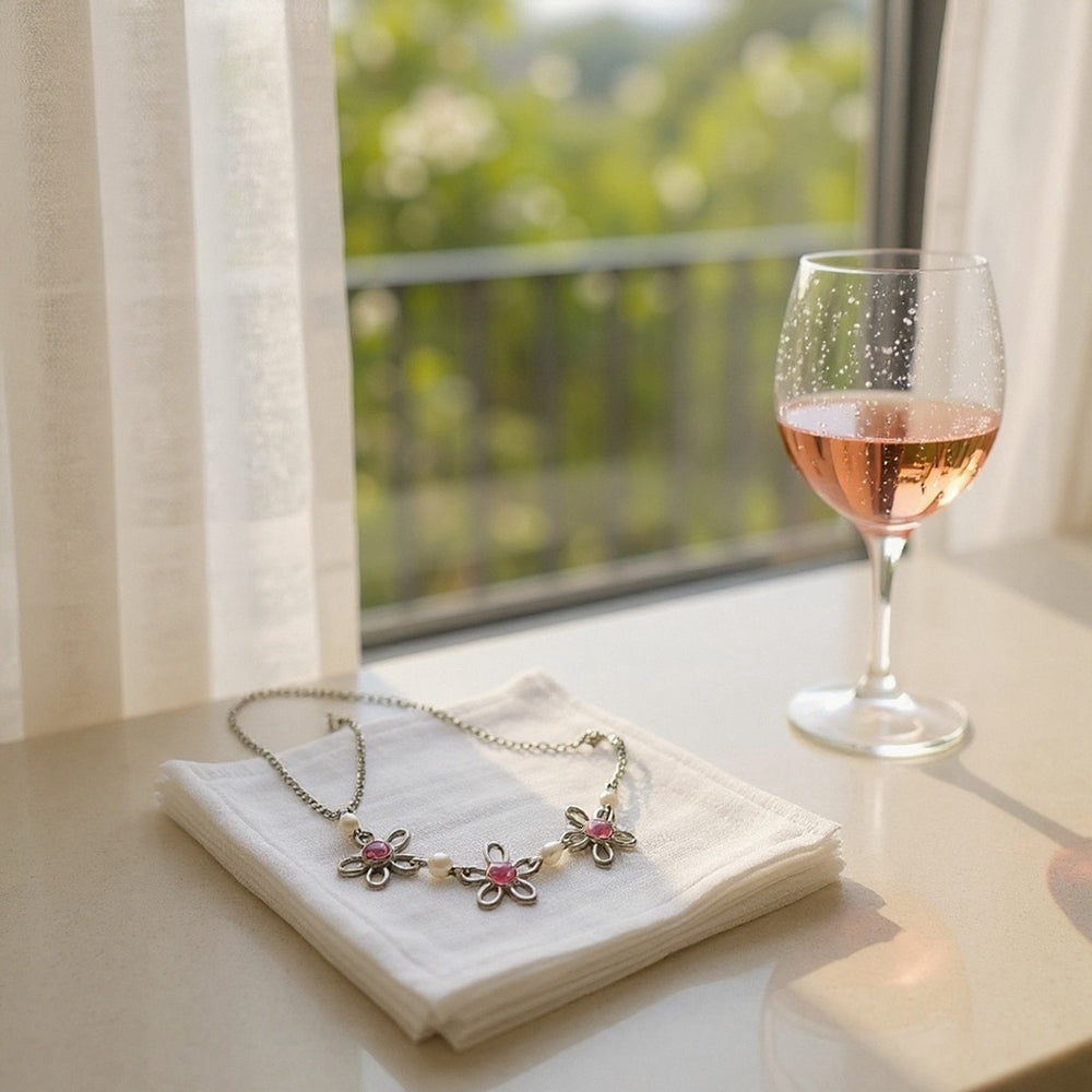 Silver Pink Crystal Flower Pearl Necklace