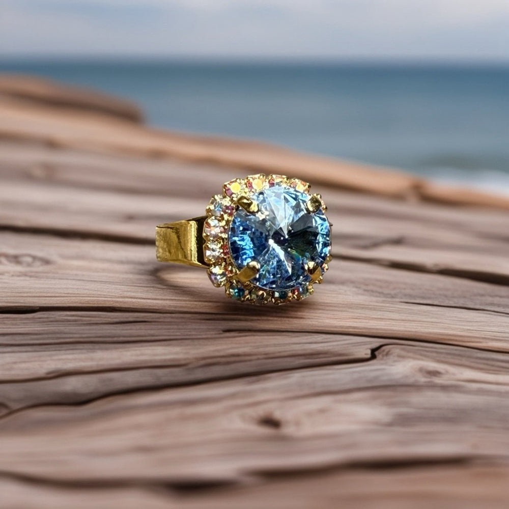 Handcrafted ring made with light sapphire Swarovski crystal size adjustable