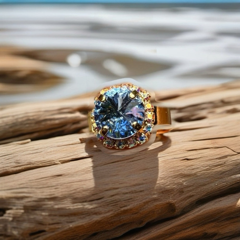 Handcrafted ring made with light sapphire Swarovski crystal size adjustable