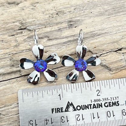 Handcrafted earrings with blue aurora crystal and silver.