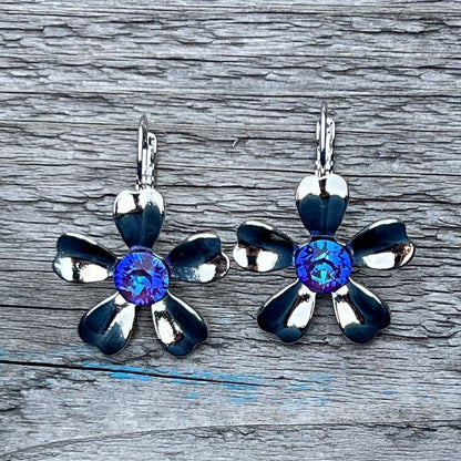 Handcrafted earrings with blue aurora crystal and silver.
